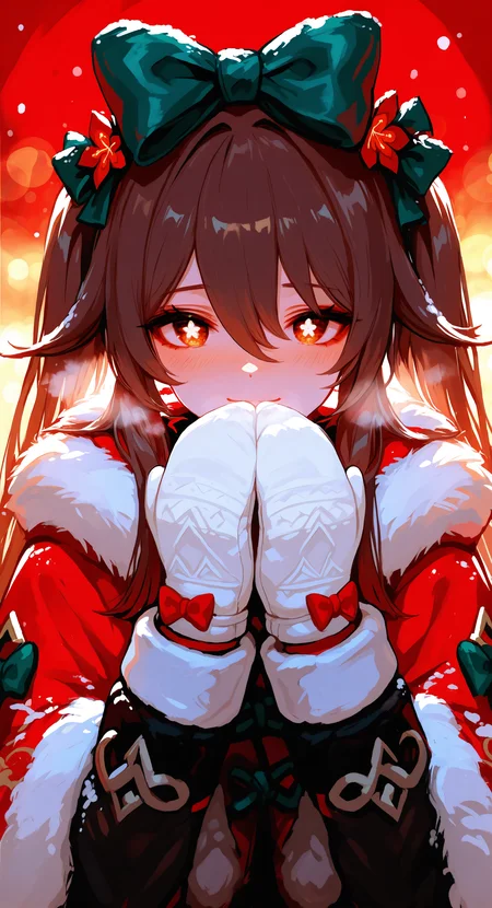 masterpiece, best quality, Good quality, very aesthetic, absurdres, newest,hu tao \(genshin impact\), straight on,
1girl, solo, long hair, looking at viewer, blush, brown hair, long sleeves, red eyes, bow, hair between eyes, twintails, upper body, hair bow, alternate costume, cape, red bow, hands up, symbol-shaped pupils, fur trim, hair intakes, green bow, covering own mouth, winter clothes, mittens, flower-shaped pupils, fur-trimmed cloak, white mittens,
Warm eyes, light Smile, snowing,blow air in front of mouth to keep warm,
Big bow on the head,
Warm Christmas atmosphere background,Bokeh, <lora:spo_sdxl_10ep_4k-data_lora_webui:1> <lora:ponyv5_noobV065S_1_adamW-000013:0.7> <lora:USNR_STYLE_XL_lokr:0.5> <lora:748cmSDXL:0.8> <lora:GBF_Illustrious:0.4>