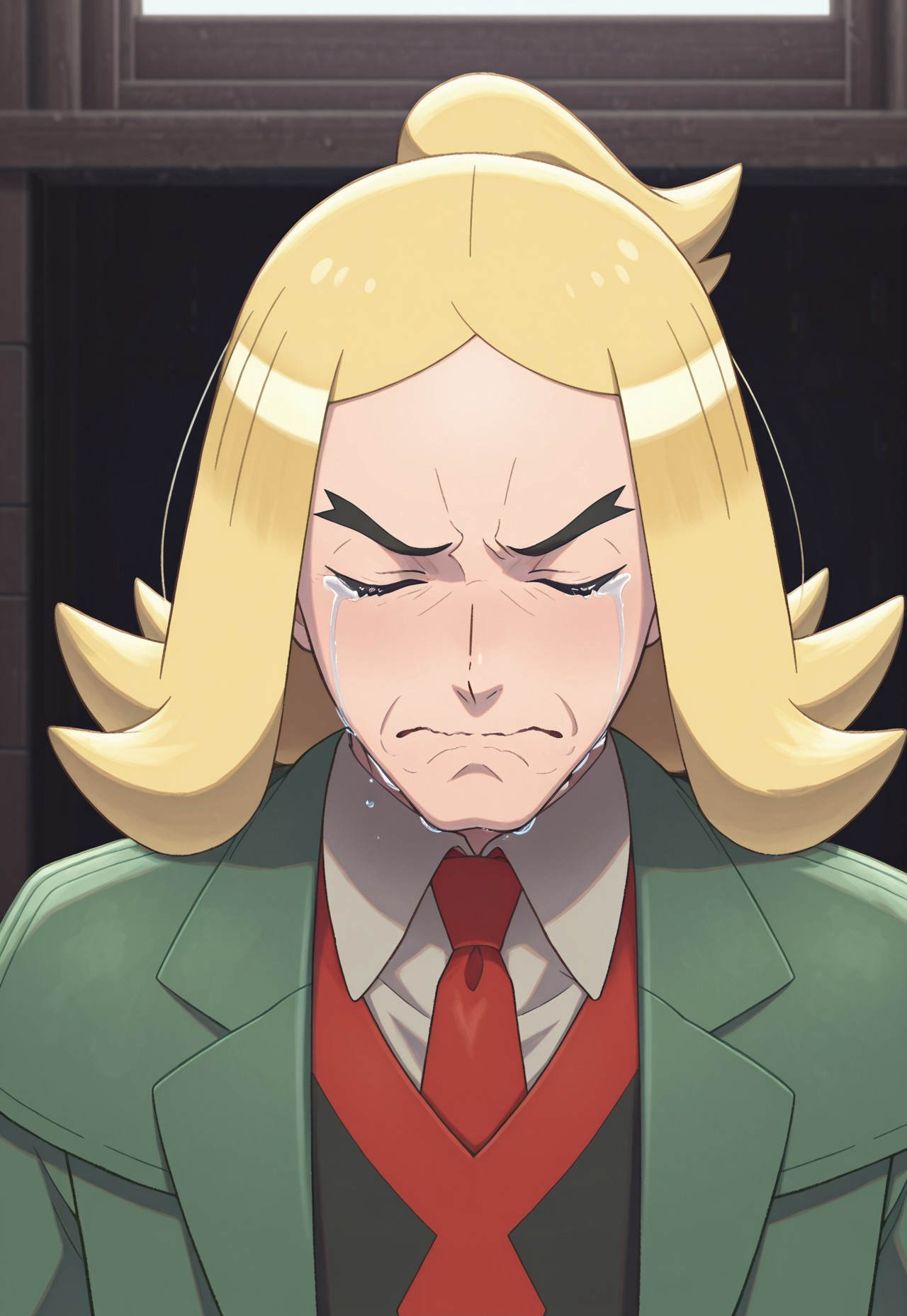 solo, masterpiece, detailed, ultra hd, best quality, 1boy, male, official art, w0lfc0nf, modern, new

PokeHassel, blonde hair, closed eyes, red necktie, green jacket, shirt, crying, headshot, facing viewer, funny