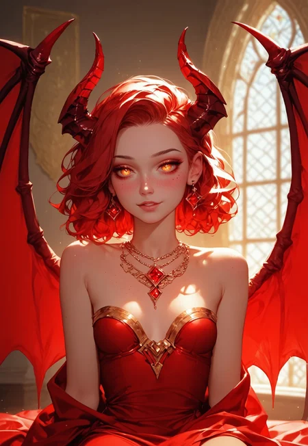 score_9, score_8_up, score_7_up, score_6_up, score_5_up, score_4_up, Expressiveh, g0th1c, succubus, short, petite body, slender legs, small perky breasts, aesthetic face, shoulder length red hair, glowing eyes, amber eyes, round eyes, very small nose, big ears, small lips, small mouth, small head, freckles, human ears, round ears, short red horns, crystal horns, red wings, bat wings, large wings, red claws, long red tail, ashen skin, cheeky smile, dedicated face, enthusiastic face, lopsided smile, one sided smile, beautiful, very revealing red dress, silk dress, deep cleavage, sitting on gold divan, background is luxurious brothel room,  decorated background, artistic brackground, background dominant colour is red and gold, gold and red decorated window, alone, close-up