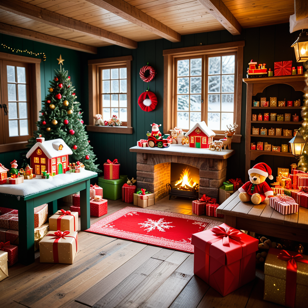 A warm, inviting photograph of Santa Claus's workshop, completely empty yet brimming with festive energy. The room is illuminated by soft golden light from lanterns hanging from wooden beams and a crackling fireplace in the corner. Wooden tables are scattered with tools, paints, and half-assembled toys, including a bright red train, a teddy bear, and colorful wooden blocks. Shelves along the walls overflow with vibrant gift boxes, plush toys, and neatly stacked wrapping paper rolls. The floor is dusted with wood shavings and glitter, adding a sense of activity left behind. Snow-covered windows reveal a faint winter landscape outside, with icicles hanging from the edges. A large chalkboard on one wall lists "Nice & Naughty" names in festive handwriting. The air feels magical, as though the elves just stepped out for a break, leaving the workshop frozen in a perfect holiday moment.<lora:SDXLFaeTastic2400:0.4> <lora:extremely_detailed:0.4> extremely detailed,, Masterpiece,best quality,hi res,8k,hi res,8k,award winning,(sharp focus, intricate, highly detailed),