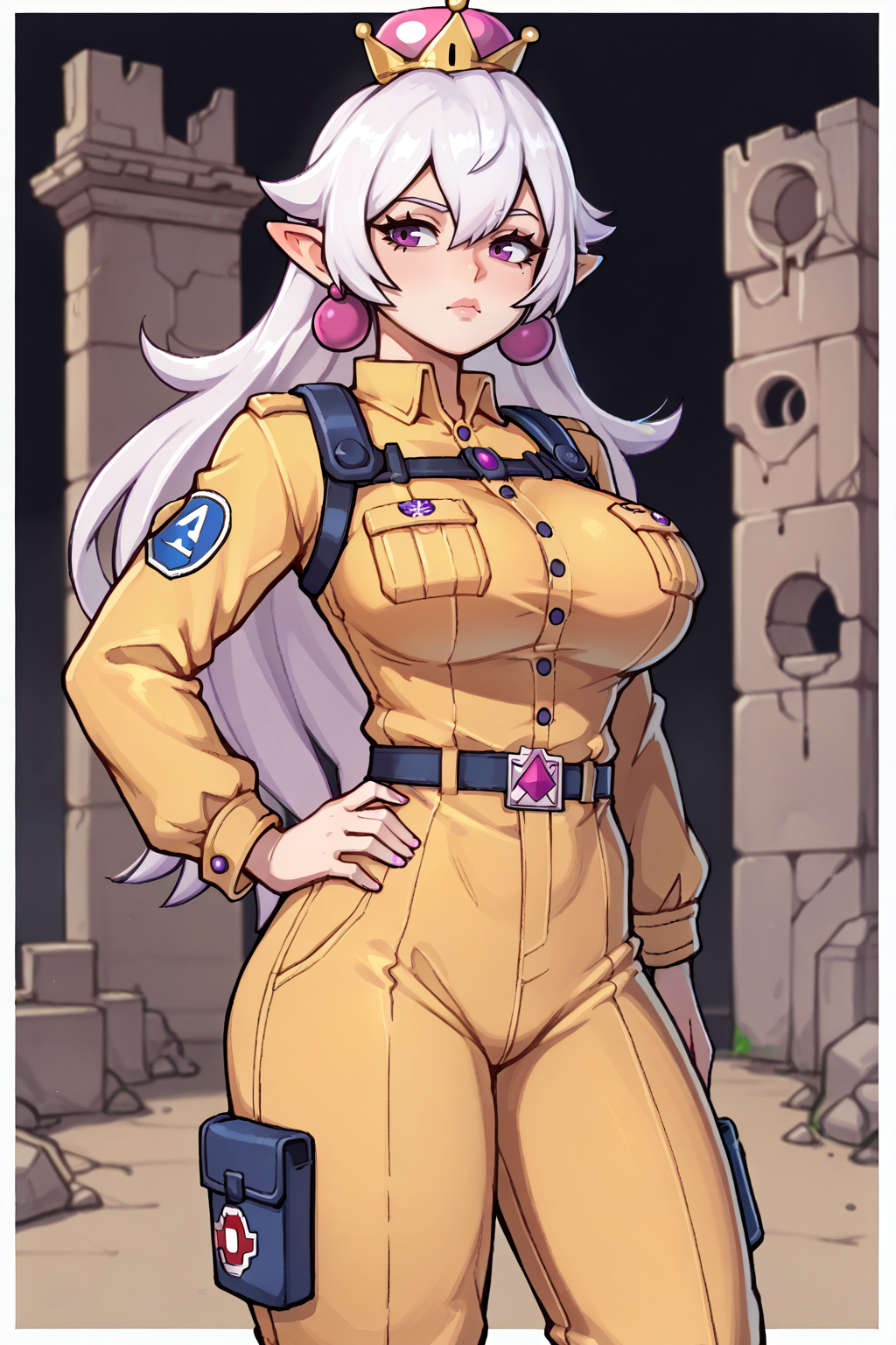 score_9, score_8_up, score_7_up, BREAK  <lora:NSBooetteMari:1> NSBooetteMari, white hair, hair flaps, long hair, pale skin, hair between eyes, purple eyes, large breasts, crown, ball earrings, pink earrings, pointy ears, ghostbusters uniform, khaki jumpsuit, hand on hip, ruins, photon pack