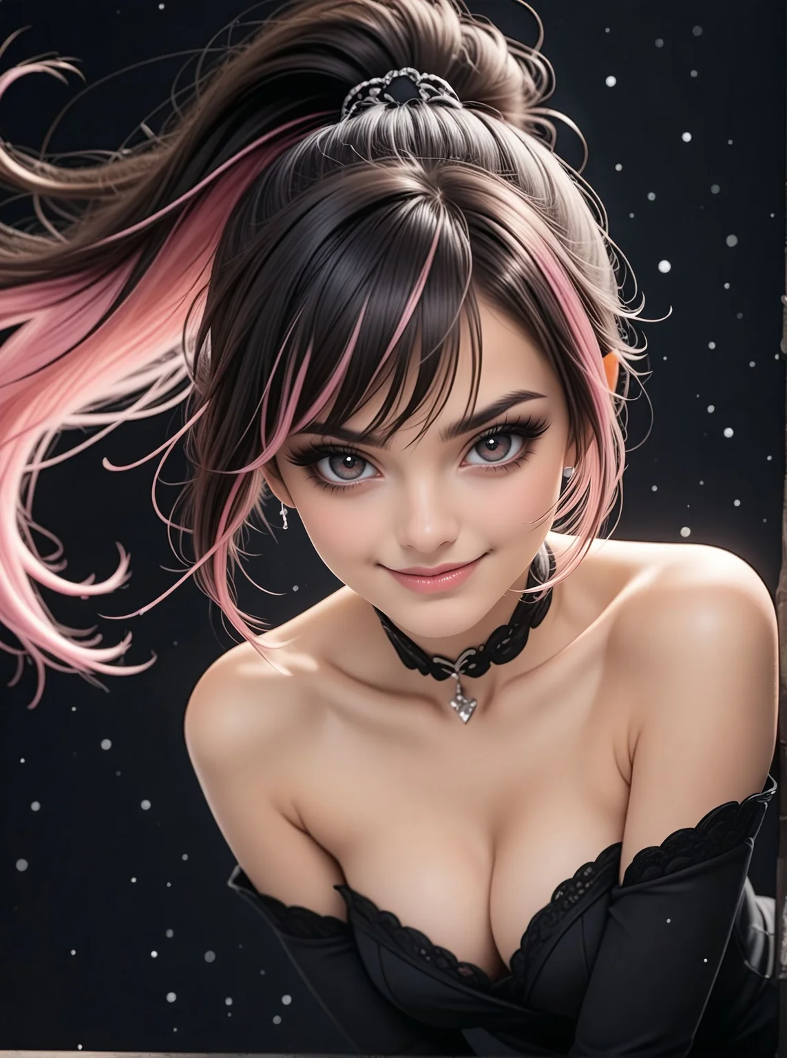 woman, looking at viewer, smirk, leaning forward, cleavage, dark background, bare shoulders, choker, black eyeliner, seductive, flirtatious, floating hair, floating particles, detached sleeves, elegant, close,, <lora:Woomy_3_Pony:1> dark eyes, black hair, pink highlights, ponytail,