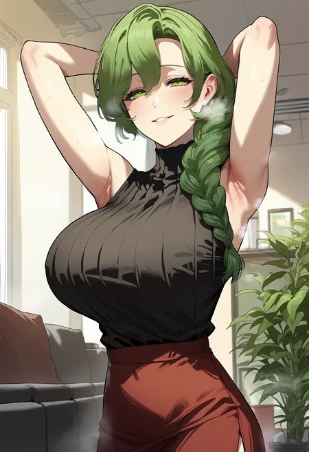 score_9, score_8_up, score_7_up, score_6_up, source_anime, rating_explicit, 1girl, solo, huge breasts, <lora:druggistponyxl:1> green eyes, green hair, long hair, single braid, braided ponytail, ribbed sweater, turtleneck sweater, black sweater, sleeveless, red skirt, pencil skirt, smile, half-closed eyes, parted lips, Narrow shoulders, heavy breathing, steaming body, living room, indoors, looking at viewer, close-up, standing, arms behind head, armpits