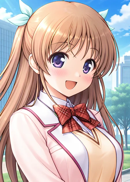 masterpiece, best quality, very aesthetic, absurdres, official art, official style, general, censored BREAK,
<lora:shirasakitsugumi_IL_v1-1:0.7>, shirasaki tsugumi, 1girl, solo, purple eyes, blue eyes, light brown hair, long hair, two side up, hair ribbon, white ribbon, light green ribbon, medium breasts, school uniform, blazer, pink jacket, open jacket, button, pocket, red bowtie, plaid bowtie, white shirt, collared shirt, yellow sweater vest, long sleeves, outdoors, day, blue sky, tree, cloud, building, city, grass, portrait, close-up,
blush, :d, awkward smile, frown, looking at viewer, open mouth