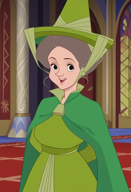 score_9,score_8_up,score_7_up,score_6_up,best quality,masterpiece, 1girl, solo, background is castle, indoors, BREAK cindfauna, mature female, pointy hat, green hat, green cape, green dress, long sleeves, medium breasts, narrow waist, looking at viewer, black eyes, grey hair, smile, arms behind back