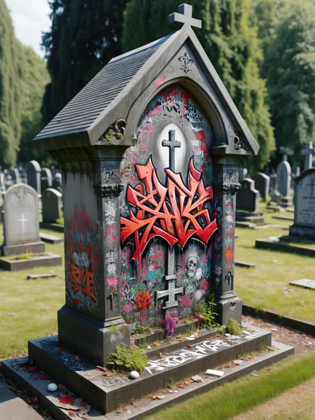 a ais-graffiti grave in a graveyard <lora:Graffiti_SDXL:1>