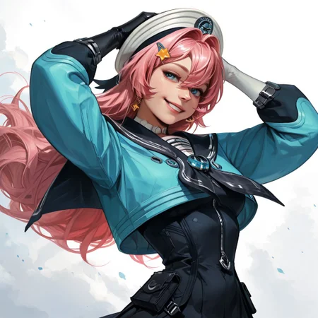 Portrait shot, close up, Expressiveh,
score_9, score_8_up, score_7_up, realistic, 1girl,
zzNase, blue eyes, pink hair, long hair, hair between eyes, star hair ornament, hairclip, white headwear, beret, sailor collar, boots, gloves, black skirt, blue jacket, single thighhigh, asymmetrical legwear,
open jacket,
gold Accessoires, standing, medium breasts, ((sexy Pose)) naughty smile, looking at viewer, fit body, tiny waist, wide hips,