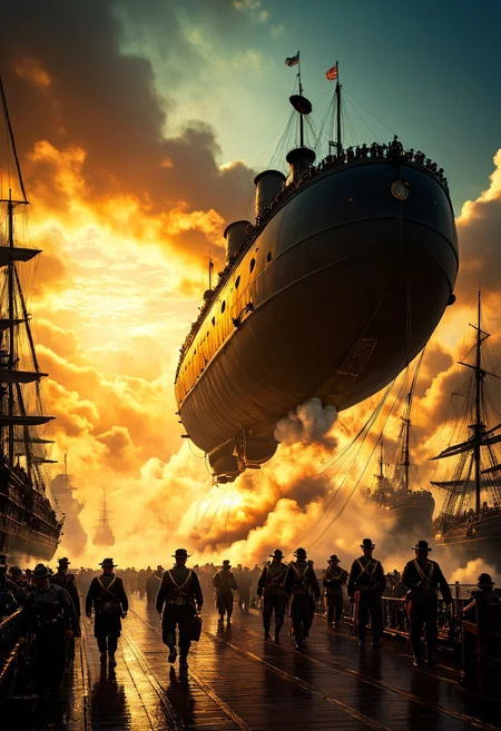 In the expansive harbor, a fleet of Victorian steampunk airships soars through the sky, their bronze and iron hulls glistening in the diffused morning light. Gears and propellers churn rhythmically, while steam hisses from the vents, propelling the airships toward the distant horizon. Below, the ground is a hive of activity, where an army clad in polished iron armor stands at attention, awaiting orders. The soldiers, positioned in precise formations, prepare to board the massive battleships docked along the pier. The navy's imposing vessels, crafted with industrial-era ingenuity, are lined up, chimneys spewing thick plumes of smoke into the sky. A sense of anticipation permeates the air as the forces ready for battle. The city behind them, with its towering gothic architecture, casts long shadows across the harbor, adding to the tension. The dramatic, low-angle shot captures the converging forces of air and sea, amplifying the chaos and strategic intensity of the moment. The sky darkens as storm clouds gather, setting an epic and moody cinematic tone. Victorian age, industrial evolutionary-era. (Ultra-realistic, 32k, Masterpiece, High Quality, Detailed Realistic Background, Official Art, Realistic Lighting, filmfotos, film grain, reversal film photography)