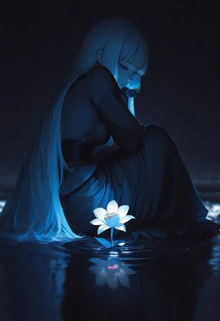 masterpiece, best quality, ultra detailed, amazing quality, very aesthetic, newest, (high res, 8k:1.2)
1girl, solo, sitting on the water, ripples, reflection,
aqua \(konosuba\), magic, blooming flowers, melancholy, delicate, fleeting, pale blue hair
<lora:illustrious_best_quality_v1:0.5>
<lora:ponyv6_noobV1_2_adamW:0.6>
<lora:DetailedEyes_V3:1>
<lora:nhl-001:0.6> nhl-001, limited palette, realistic
BREAK
photorealistic, cinematic lighting, blurred background,
night, glowing
<lora:MoriiMee_Gothic_Niji_Style_Illustrious_r1:0.7> artist:moriimee
(by wataboku:0.6)