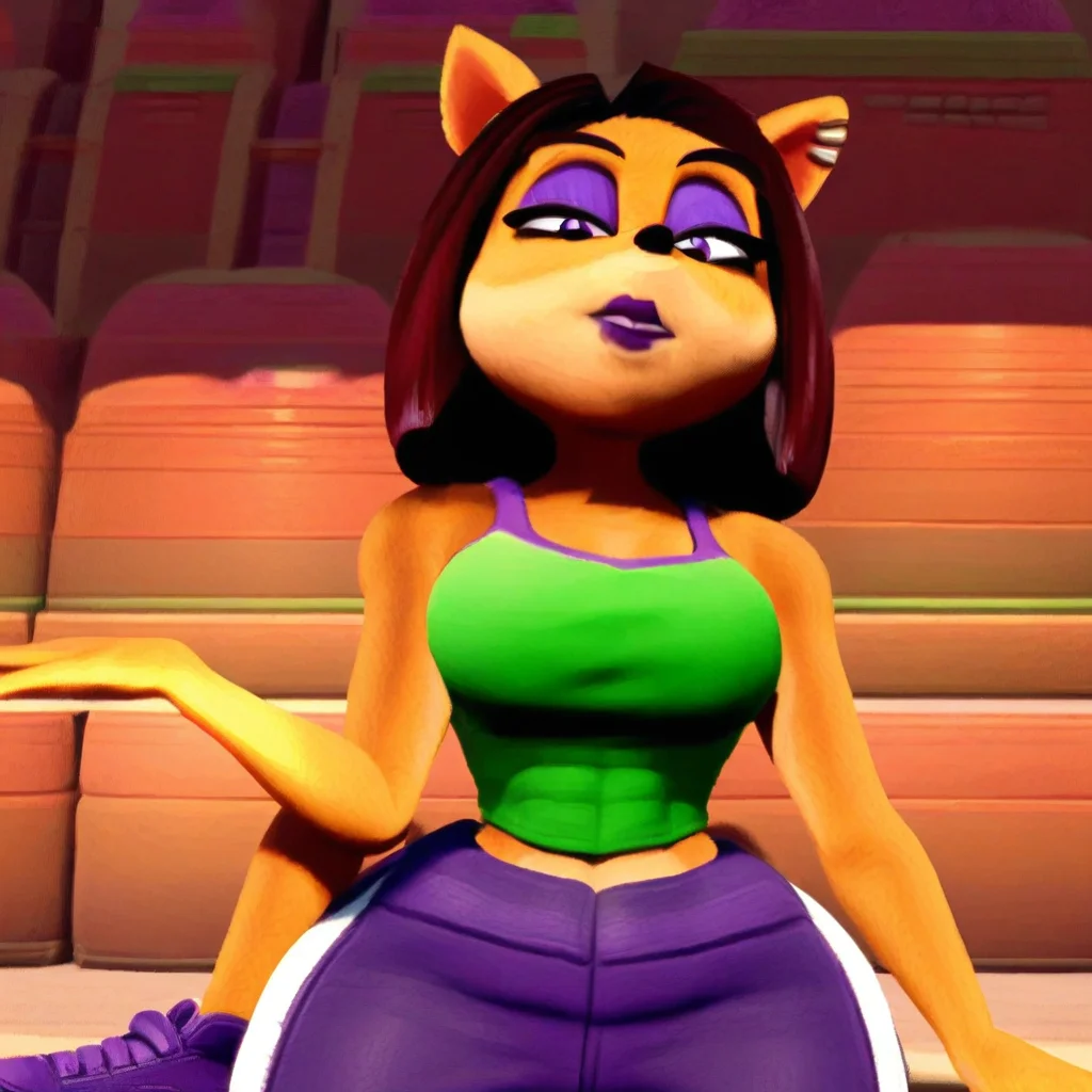 bandicoot, purple sneakers, short purple hair, purple miniskirt, green tank top, anthro, Short purple hair, Liz, tan fur, purple lipstick