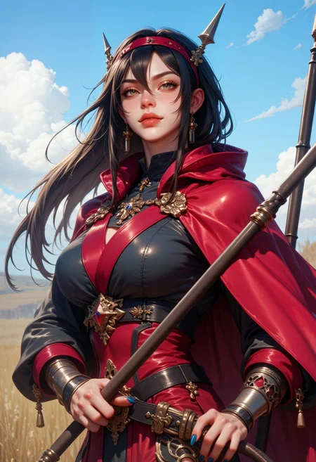 1girl, weapon, polearm, shield, solo, black hair, holding, holding polearm, holding weapon, spear, , jewelry, nail polish, outdoors, earrings, cape, long hair, holding shield, looking at viewer, armor, red cape, blurry, sky, belt, headband, cloud, blue nails, blurry background, lips, G0thicL1nes
