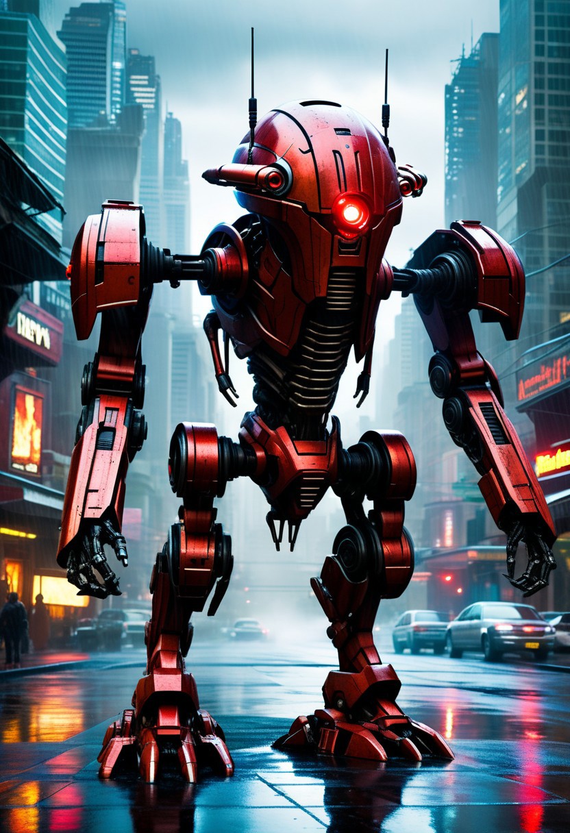 One of the most intimidating assassin droids of the year 2070, it has advanced weapons and exo-skeletal refinforcements, its servos are advanced and it has massive internal power core that glows red from within its chest frame, it is crouched on a roof-top on a rainy day in the city, 
incredible detail and focus, flawless, 
epic lighting,
highest quality,