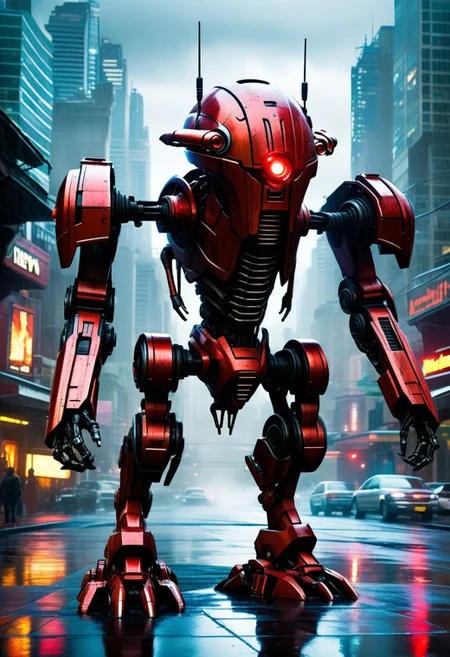 One of the most intimidating assassin droids of the year 2070, it has advanced weapons and exo-skeletal refinforcements, its servos are advanced and it has massive internal power core that glows red from within its chest frame, it is crouched on a roof-top on a rainy day in the city,
incredible detail and focus, flawless,
epic lighting,
highest quality,