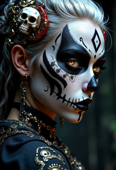 portrait of beautiful oriental female shaman, white hair with skull-themed hair ornaments, black and white face paint in a skull fashion, burning bright eyes. Perfect Composition, realistic photographic image, RAW photo highest quality, perfect directional lighting, highly detailed face, dark eye-shadow, high contrast, viewed from side