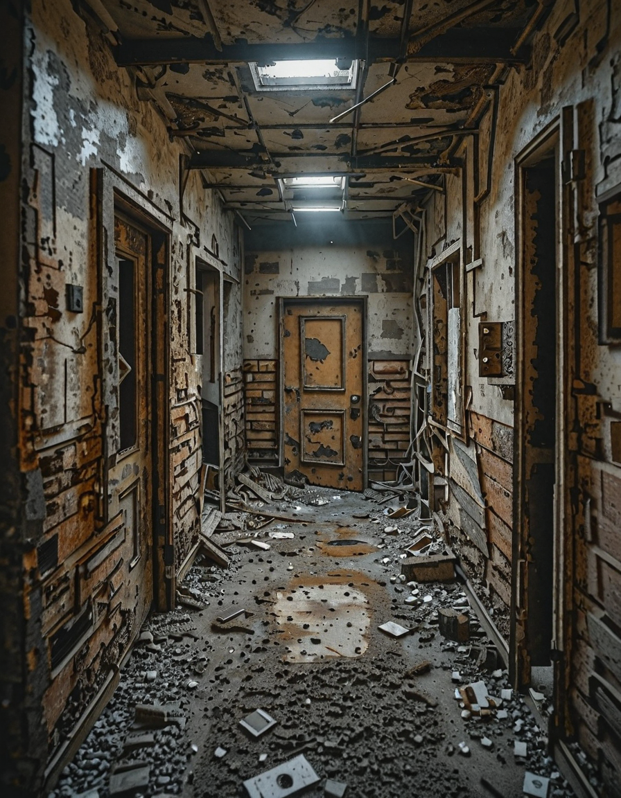 <lora:City_Worlds_02_Lost_Indusinc:1> photo, cw02lost, indoors, abandoned, decayed, peeling paint, old door, ruined, bricks, dark interior, broken, destruction, moody lighting, urban decay, grunge, derelict, rust, debris, texture, eerie, mystery, forgotten, entrance, industrial, room, dirty