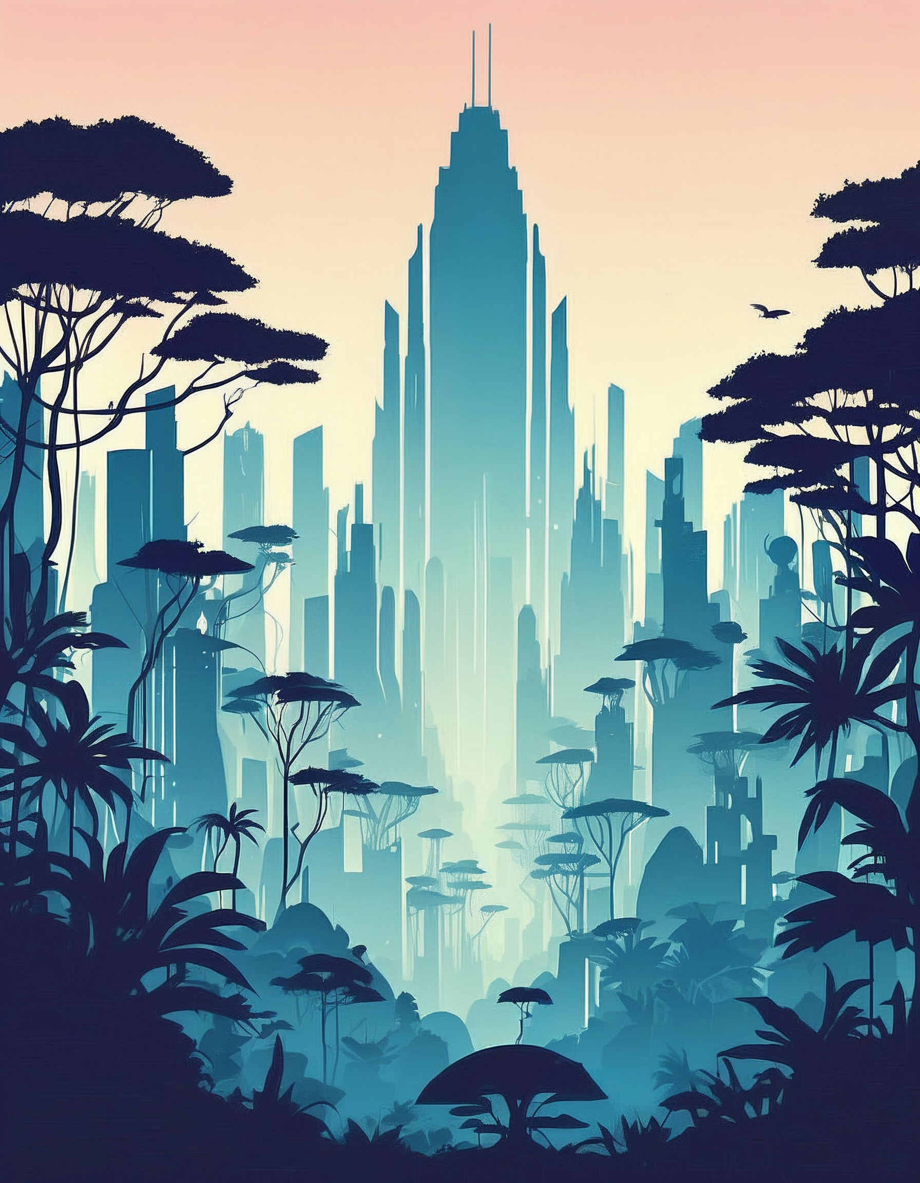 minimalistic, flat color, no lineart, gigantic sci-fi skyline in a fantasy jungle, silhouette, simple bright background
