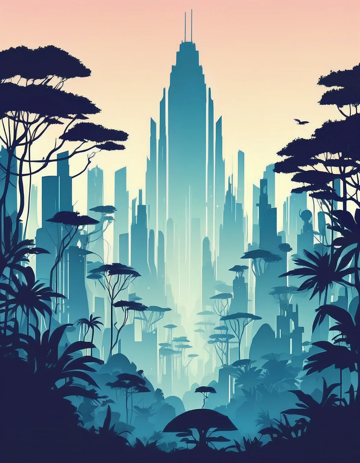 minimalistic, flat color, no lineart, gigantic sci-fi skyline in a fantasy jungle, silhouette, simple bright background