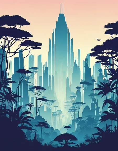 minimalistic, flat color, no lineart, gigantic sci-fi skyline in a fantasy jungle, silhouette, simple bright background