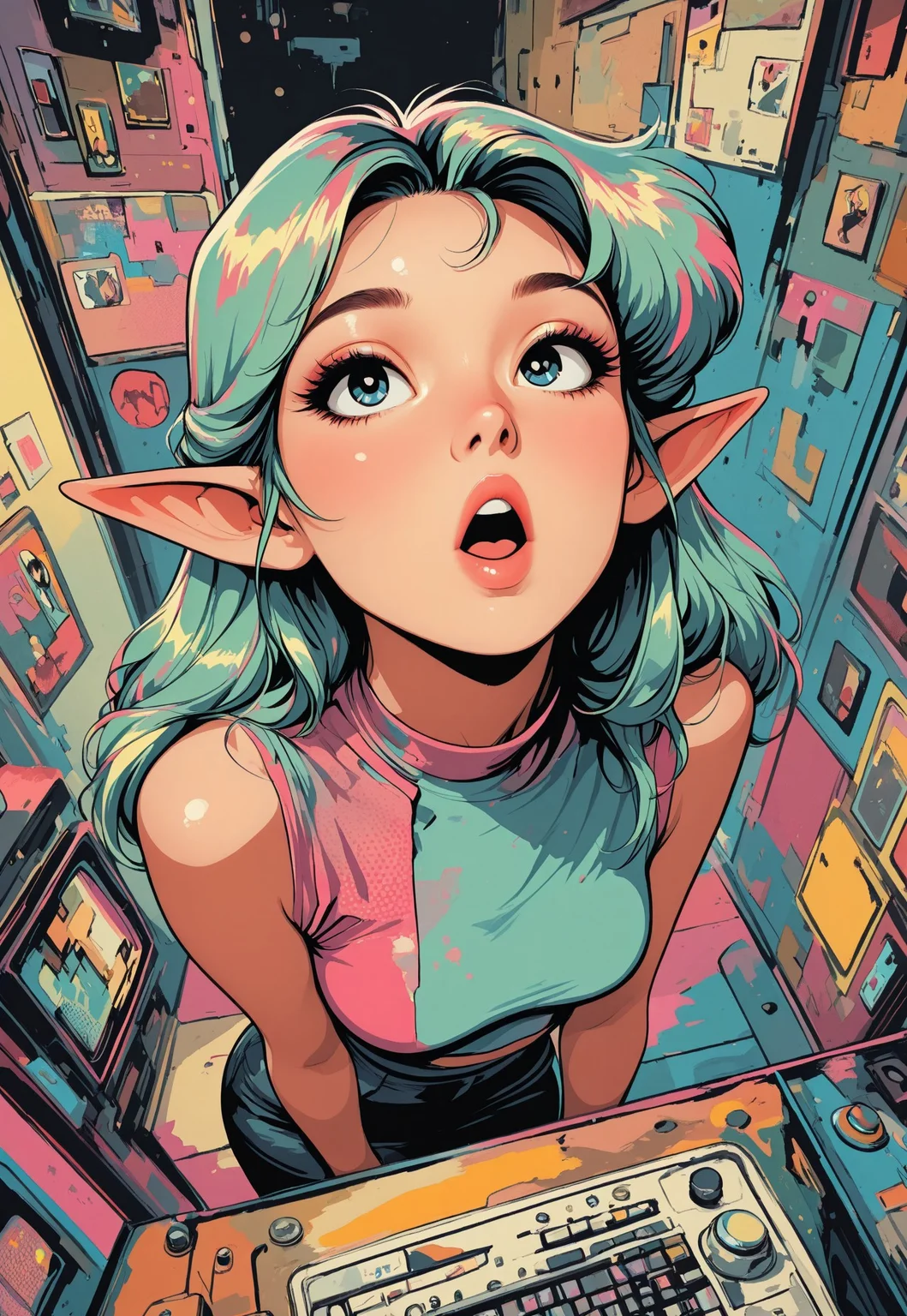 high_quality, highres, beautiful, detailed, (masterpiece, best quality:1.2), absurdres, 8k, HDR,
retro, grunge, woman, In the style of Jedppa, popart,
diagonal_angle, high_angle, elf, :o