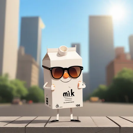 a milk carton character with sunglasses in a city at afternoon <lora:COOLKIDS_XL_0.3_RC:0.8>