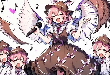 score_9, score_8_up, score_7_up, masterpiece, best quality, detailed, perfect, perfection, vibrant, gorgeous,
BREAK
mystia, wings, brown headwear, short hair, hat, animal ears, puffy sleeves, dress, pink hair, brown dress, cowboy shot, frills, pink eyes, juliet sleeves, jewelry, shirt, winged hat, bangs, hair between eyes, white wings, white shirt, bird wings, feathered wings, earring, frolled dress, frilled sleeves,
BREAK
bad singing,crowd,happy,grimace,(hands on own ears:1.2),music,noisy musical note, multiple boys,screaming,closed eyes,blank eyes,holding microphone,