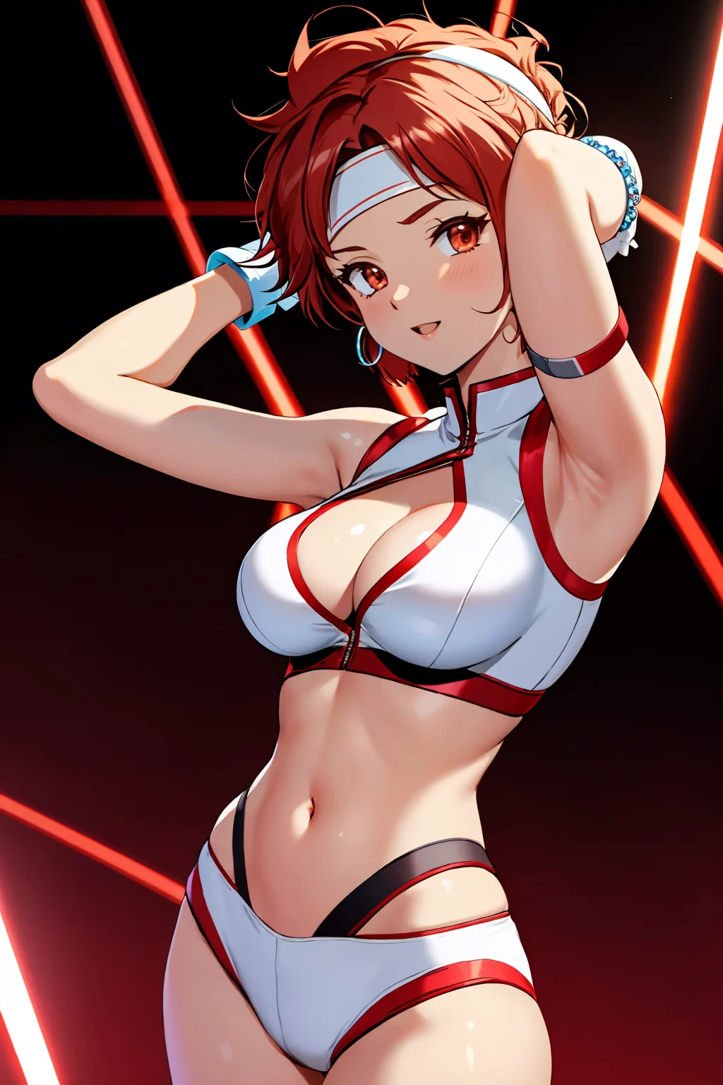 Masterpiece, absurdres,HDR,8k,excited,best quality, arms behind head,
edgDPkei_woman,kei,white outfit with red lining, 1girl, solo, looking at viewer, short hair, gloves, jewelry, upper body, earrings, bracelet, headband,wearing edgDPkei,midriff,navel,cleavage,minishorts,<lora:edgDPkei:1>