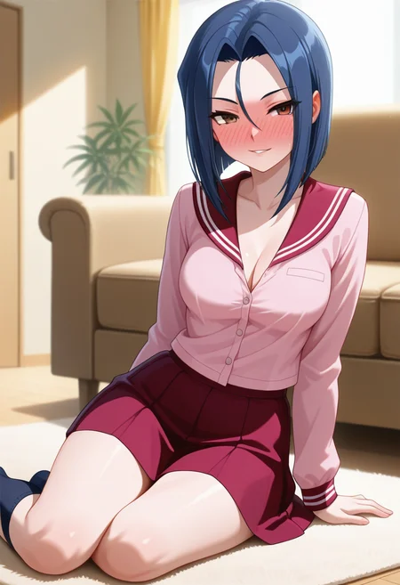 masterpiece, best quality, amazing quality, 1girl, solo, renww, brown eyes, blue hair, medium hair , parted bangs, forehead, medium breasts, school uniform, pink serafuku, red sailor collar, breasts, cleavage, collarbone, pink shirt, long sleeves, red skirt, kneehighs, <lora:Seto_Ren_Seto_no_Hanayome_ill_v10:0.9>, sitting, yokozuwari, arm support, seductive smile, sultry, serious stare, stern look, parted lips, full-face blush, indoors, living room, skindentation, detailed clothing folds, depth of field, sharp, high contrast, dynamic light
