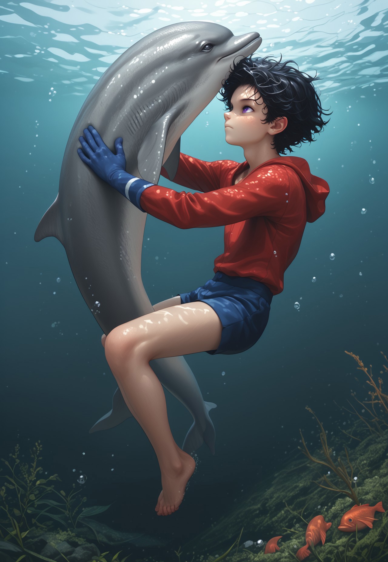 score_9, score_8_up, score_7_up, boy swims in the sea, 1boy, Aqualad, Black Hair, Purple eyes, (((Year One, Grey Skin, Pointy Ears))) red scale shirt, blue gloves, blue shorts, barefoot, fully submerged, dolphin, fish, water, masterpiece, school of fish, seaweeds, seashells, bubbles, light beams, light coming from above, best quality, ultra-detailed, studio photo, 8k cg wallpaper, Light sources around, fully illuminated body, white balance, more_details:1.5
