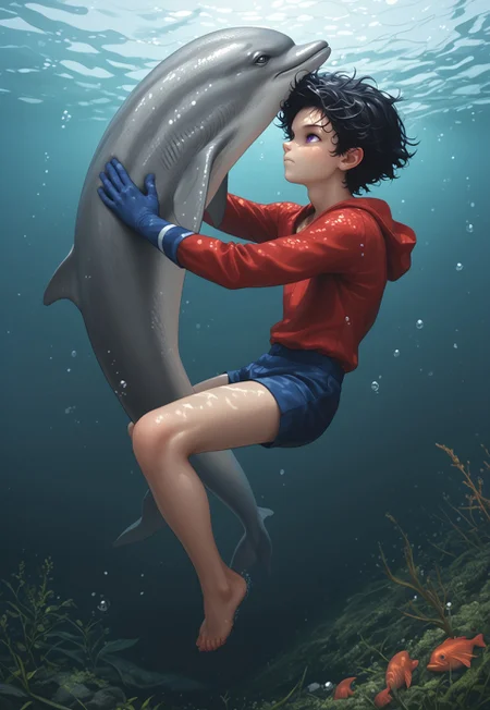 score_9, score_8_up, score_7_up, boy swims in the sea, 1boy, Aqualad, Black Hair, Purple eyes, (((Year One, Grey Skin, Pointy Ears))) red scale shirt, blue gloves, blue shorts, barefoot, fully submerged, dolphin, fish, water, masterpiece, school of fish, seaweeds, seashells, bubbles, light beams, light coming from above, best quality, ultra-detailed, studio photo, 8k cg wallpaper, Light sources around, fully illuminated body, white balance, more_details:1.5