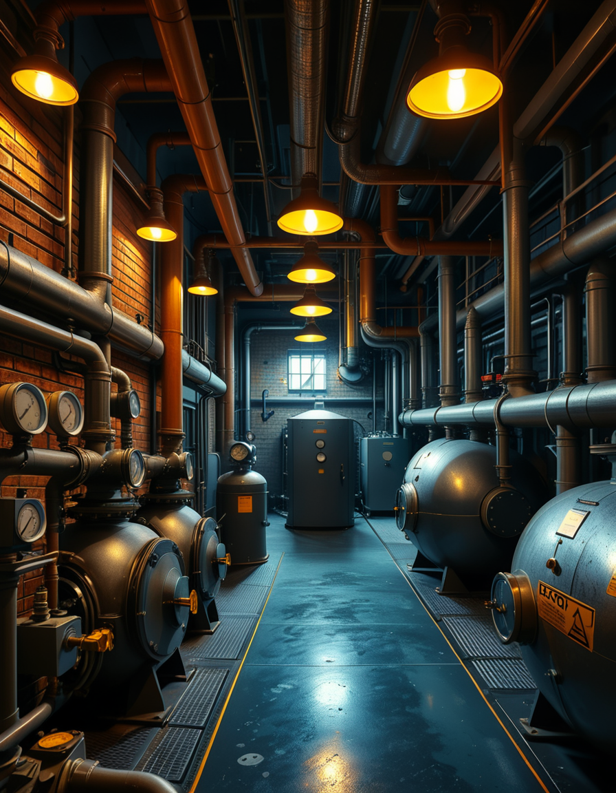A highly detailed and realistic photograph of an industrial boiler room filled with large metal boilers, complex pipe systems, and pressure gauges. The room is dimly lit with a mix of warm yellow lighting from overhead industrial lamps and cool blue reflections from metallic surfaces. The air is slightly hazy with steam escaping from some of the pipes. The floor is made of reinforced concrete with visible stains from oil and water. Various control panels with blinking LED indicators and warning signs are mounted on the walls. The atmosphere is rugged and mechanical, evoking a sense of power and industrial efficiency. The depth of field is sharp, capturing intricate details such as rust on old pipes, the texture of the metal surfaces, and the labels on the control panels. The composition emphasizes symmetry, with pipes and machinery creating a structured, almost futuristic aesthetic. 
<lora:SDXLFaeTastic2400:0.4> <lora:extremely_detailed:0.4> extremely detailed,<lora:industrial_boiler_room:1>,industrial b01l3r r00m, Masterpiece,best quality,hi res,8k,hi res,8k,award winning,(sharp focus, intricate, highly detailed),