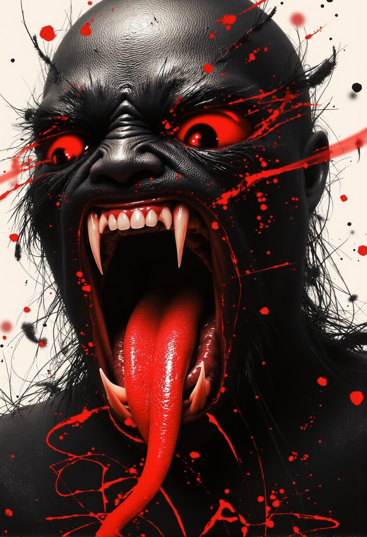 grng style. Stylized portrait of a feral black creature with exaggerated, menacing features. Its jaws are wide open, revealing sharp, oversized teeth and a snake-like long, twisted forked tongue, glowing faintly red. (The multiple eyes, four eyes, like a spider eyes, are unnervingly black, without pupils:1.5). Its dark, rough fur contrasts sharply with the muted, abstract background, creating a haunting, surreal effect. The overall composition conveys a sense of raw, untamed aggression and primal fear.
