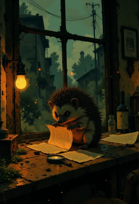 A tiny hedgehog with spines that shimmer like polished quills sits calmly on a windowsill in a cozy study. Its soft, round face and dark, watchful eyes convey loyalty and alertness, as it clutches a rolled-up clue between its small front paws. The hedgehog is perched near an open window, where moonlight streams in, illuminating its unassuming yet sturdy figure. A small patch of moss and a miniature magnifying glass rest nearby, showing its dedication to aiding the gnome. Despite its small size, the hedgehog exudes a surprising aura of determination.