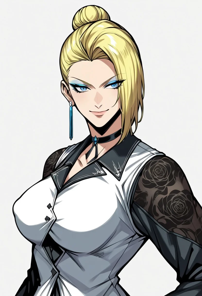 score_9, score_8_up, score_7_up, score_6_up, source_anime, 1girl, 18 years old girl maturekfsXV, , (big breasts:1.5), (large cleavage), black shorts,pantyhose, hair bun, hair over one eye, blonde hair, blue eyes, eyeshadow , beautiful face, earrings, choker, long dress, black sleeves, long sleeves, white vest , white pattern,sexy smile, sensual smile, grey background, dramatic shadows, posing sexy, thighs , puffy nipples, high quality anime movie, , , wide shot ,Tbtniki style , raw, concept art