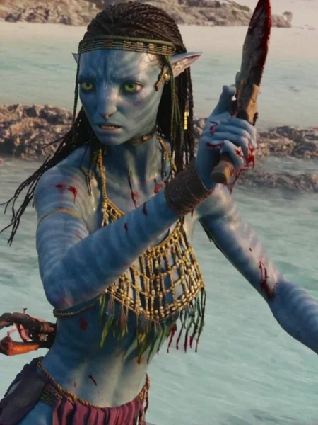 cinematic, neytiri, a woman with green eyes and a knife in her hand, black hair, weapon, blood, colored skin, elf, tribal, <lora:avatar_pony_v1:0.9>