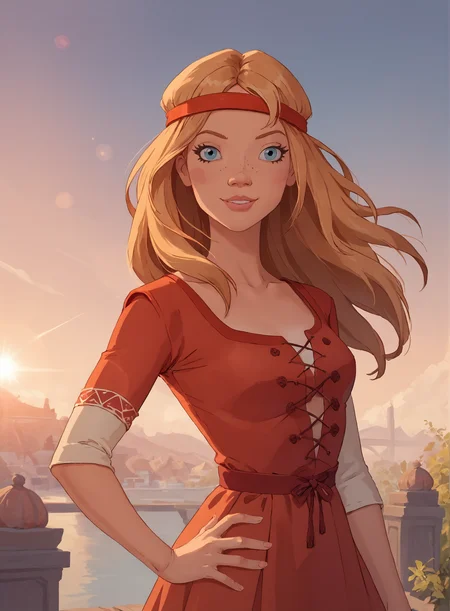 score_9, score_8_up, score_7_up, source_cartoon, 1girl, alyonushka, red dress, posing, cowboy shot, portrait,  outdoors, lens flare,  <lora:melnica_girls_pxl_v1.1:0.8>
