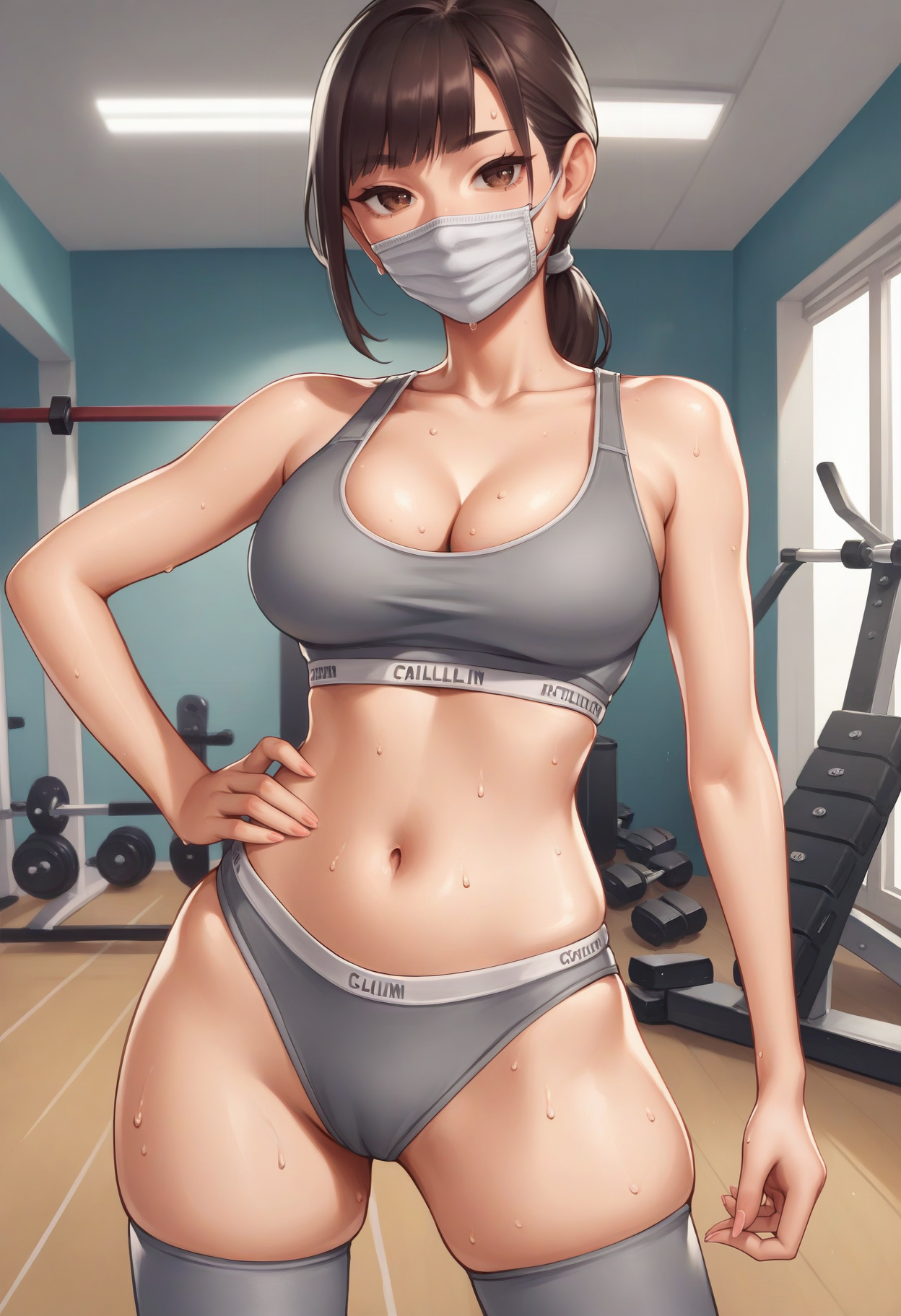 score_9, score_8_up, score_7_up, score_6_up, source_anime, <lora:CalvinKleinSF:0.6>, 1girl, black low ponytail, bangs, brown eyes, seductive smile, mouth mask,
CalvinKleinSF, calvin klein, grey thighhighs, sports bra, underwear, navel, cleavage, midriff, grey panties, collarbone, bare shoulders, wedgie, grey bra, skindentation,
standing, looking at viewer, hand on own hip, cowboy shot, upper body, sweat, portrait, 
BREAK gym, indoors,