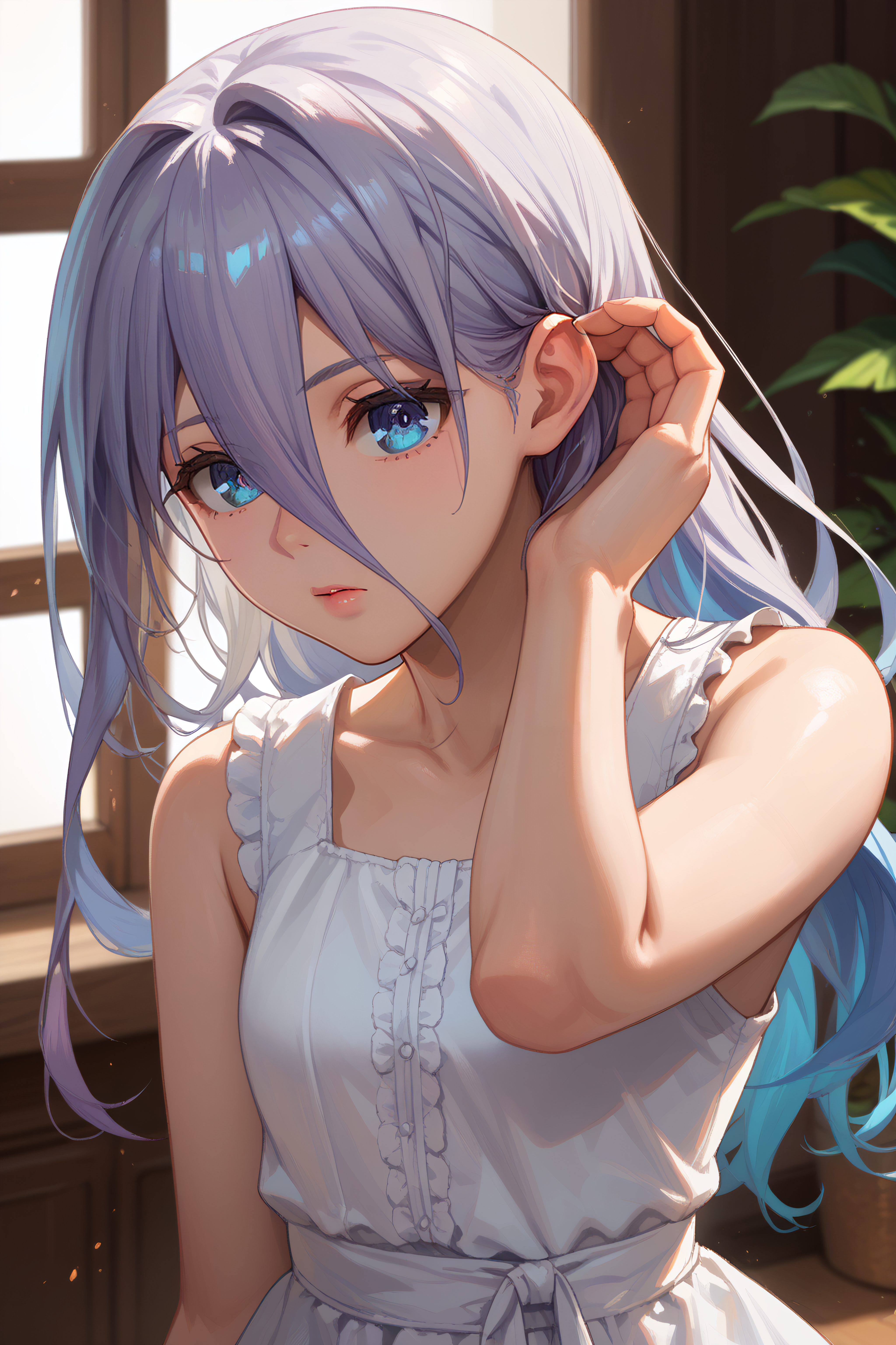score_9, score_8_up, score_7_up, score_6_up, source_anime, BREAK, <lora:Mio Takamiya-PonyXL-lora-Faxtron:0.85> mio takamiya, blue eyes, grey hair, long hair, hair between eyes, white dress, collarbone, sleeveless,
<lora:HandOnOwnEar_pdxl_Incrs_v1:1> hand on own ear, hair tucking, hair behind ear, hand up, adjusting hair,