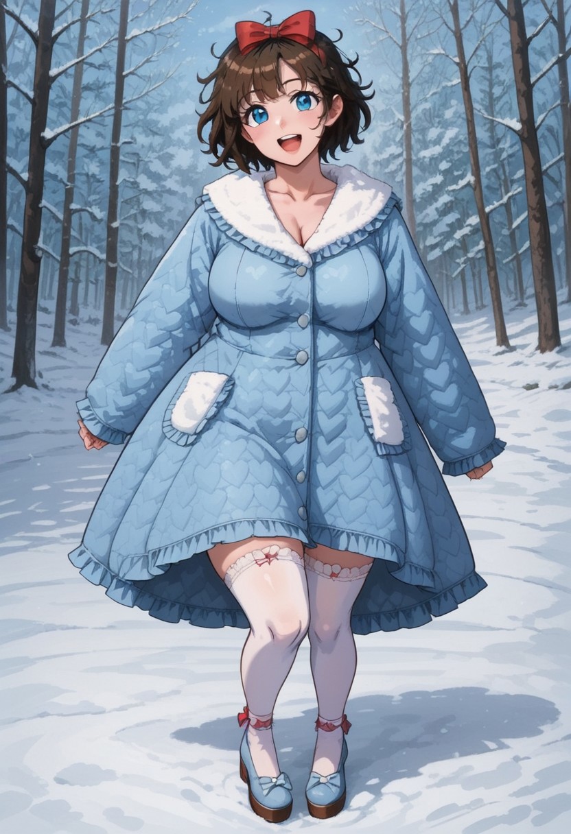 score_9, score_8_up, score_7_up, source anime,
masterpiece, best quality, detailed, amazing quality,
detailed background, winter, snow, winter forest,
detailed eyes, clean eyes,
dynamic pose, full body,
1woman, woman,
easynegative, 
slutty_m3l0dy, pale skin, short hair, blue eyes, dark brown hair, messy hair, curvy, chubby, big breasts, bow, frilly, cute, headbow, ribbon, stockings,
happy,
quilt_coat, blue coat,