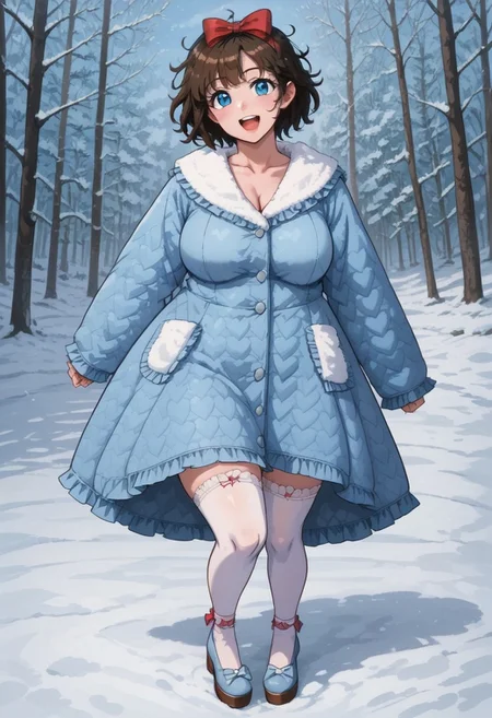 score_9, score_8_up, score_7_up, source anime,
masterpiece, best quality, detailed, amazing quality,
detailed background, winter, snow, winter forest,
detailed eyes, clean eyes,
dynamic pose, full body,
1woman, woman,
easynegative,
slutty_m3l0dy, pale skin, short hair, blue eyes, dark brown hair, messy hair, curvy, chubby, big breasts, bow, frilly, cute, headbow, ribbon, stockings,
happy,
quilt_coat, blue coat,