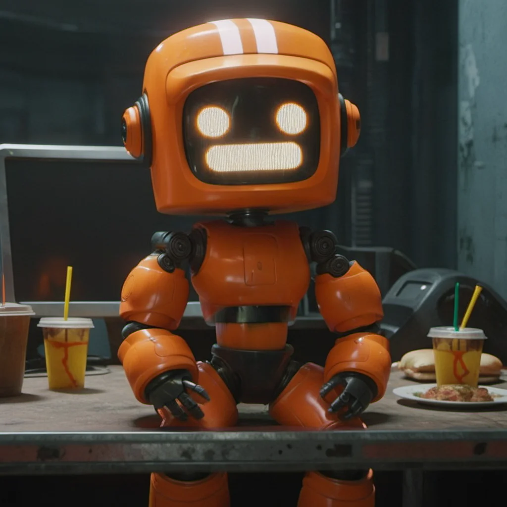 an orange robot, close up face portrait, fastfood, cyberpunk, highly detailed, photography, ultra sharp, film, professional, 64k <lora:add-detail-xl:1.5> <lora:Orange Robot1024:0.7>