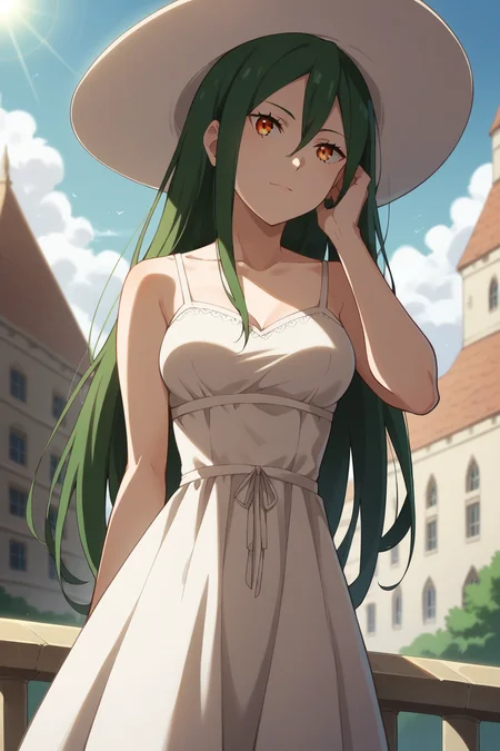 score_9, score_8_up, score_7_up, source_anime, 1girl, prefect lighting, very aesthetic, intricate details, highly detailed background, masterpiece, high quality, prefect hands, best quality, solo,
<lora:Crusch_Karsten_ReZero_V1:.85>, KJOcrusch, green hair, amber eyes, hair between eyes, long hair,
sundress, sun hat,
smile, leaning forward, adjusting hair, head tilt, from below, dutch angle,
outdoors, medieval city, smoke, gray sky,
(Beautiful, medium Breasts:1.2), natural breasts,