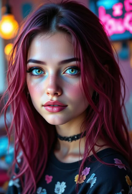 Teen girl in leggings stands confidently in a rock-themed bedroom. Her youthful face, framed with high cheekbones and freckles, features large emerald eyes sparkling with mischief. Long lashes enhance their allure, while her soft smile reveals a playful dimple. Dainty silver hoop earrings catch the light, adding a touch of elegance, she radiates confidence and charm. The dimly lit room highlights her captivating beauty, making her look striking and approachable.. aidmafluxpro1.1, aidmaMJ6.1, in the style of Jed-clrfl, candy colors in the style of ckcf,