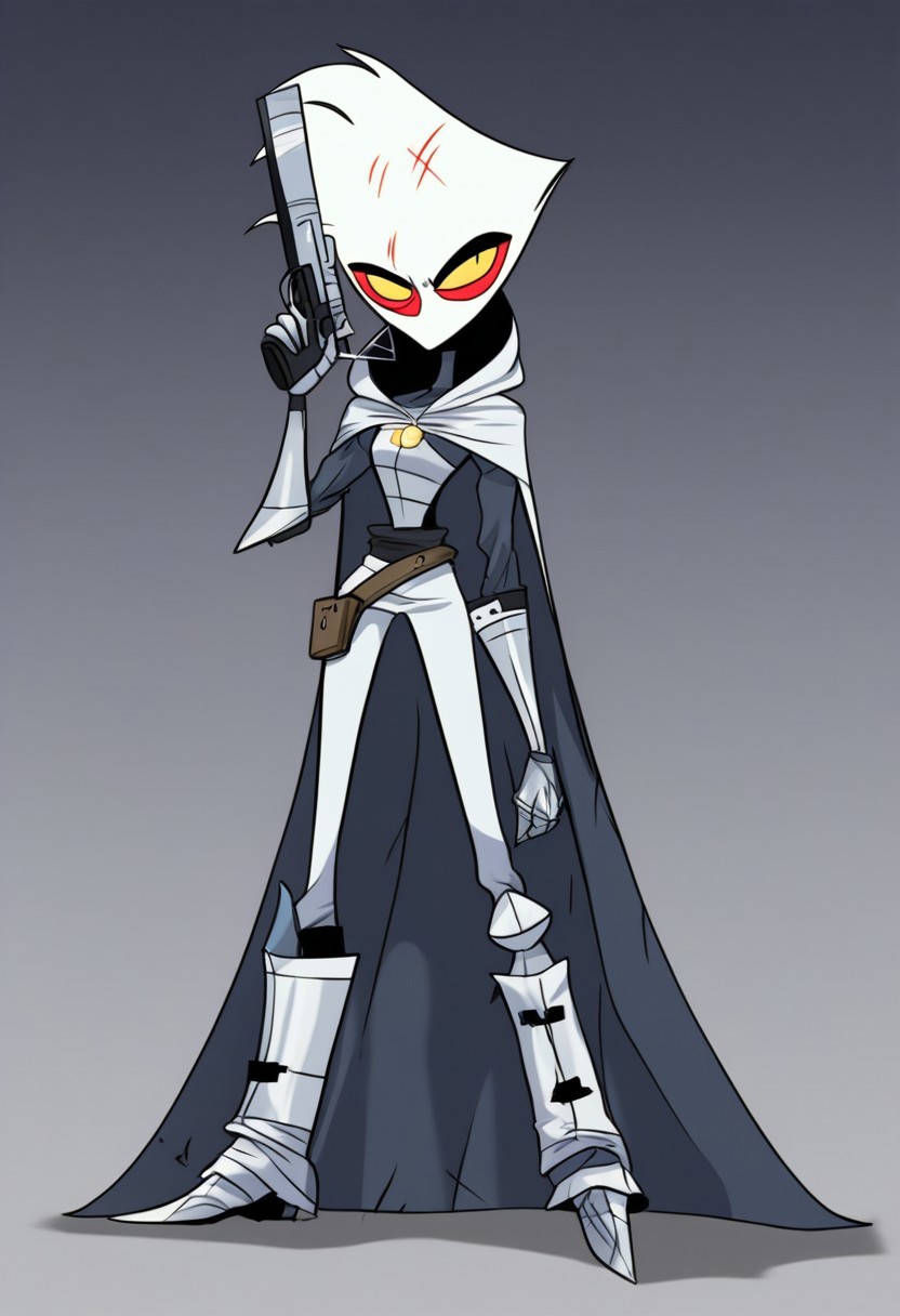 HCSV1, human, knight, tall,
1man, solo, full body, thick steel boots, silver gauntlets, metal face mask, silver mask, hooded cloak, small scratches on mask, yellow eyes, tunic, gradient background, pistol chest holster, looking at viewer, weapon back carryon