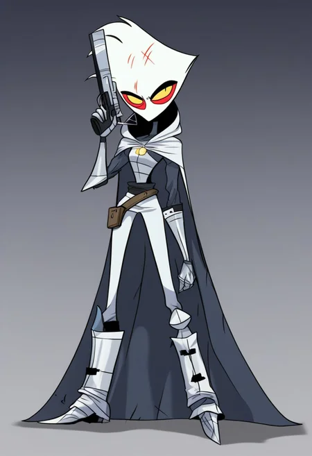 HCSV1, human, knight, tall,
1man, solo, full body, thick steel boots, silver gauntlets, metal face mask, silver mask, hooded cloak, small scratches on mask, yellow eyes, tunic, gradient background, pistol chest holster, looking at viewer, weapon back carryon