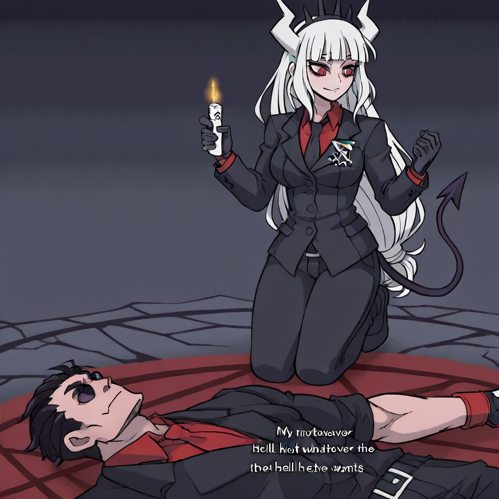 masterpiece, best quality, newest, absurdres, highres, anime, anime style, MHWW-V1.0, my hot witch wife (meme), text (my hot witch wife), English text, 1girl, 1girl, lucifer \(helltaker\), black suit, red necktie, black collared shirt, black gloves, blunt bangs, demon horns, demon girl, demon tail, red eyes, white hair, long hair, text, text (Me doing whatever the hell she wants), 1boy, helltaker \(helltaker\), black hair, short hair, muscular, muscular male,