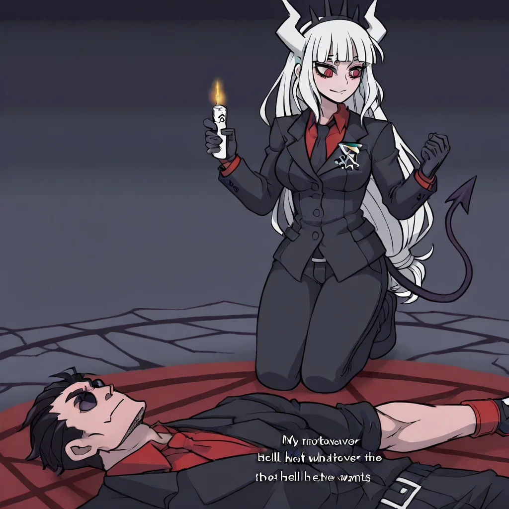 masterpiece, best quality, newest, absurdres, highres, anime, anime style, MHWW-V1.0, my hot witch wife (meme), text (my hot witch wife), English text, 1girl, 1girl, lucifer \(helltaker\), black suit, red necktie, black collared shirt, black gloves, blunt bangs, demon horns, demon girl, demon tail, red eyes, white hair, long hair, text, text (Me doing whatever the hell she wants), 1boy, helltaker \(helltaker\), black hair, short hair, muscular, muscular male,