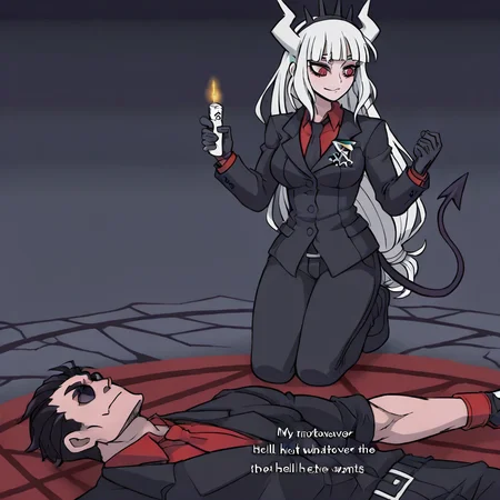 masterpiece, best quality, newest, absurdres, highres, anime, anime style, MHWW-V1.0, my hot witch wife (meme), text (my hot witch wife), English text, 1girl, 1girl, lucifer \(helltaker\), black suit, red necktie, black collared shirt, black gloves, blunt bangs, demon horns, demon girl, demon tail, red eyes, white hair, long hair, text, text (Me doing whatever the hell she wants), 1boy, helltaker \(helltaker\), black hair, short hair, muscular, muscular male,