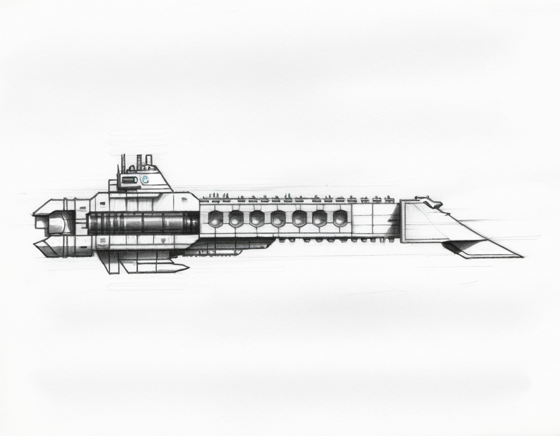 pencil sketch,side view,profile view,simple background,an impstarship cruiser,  <lora:Imperial_Navy_-_Warhammer_40000_SDXL:0.75>,blocky,rectangular,metal honeycomb,monochrome,tall,solo