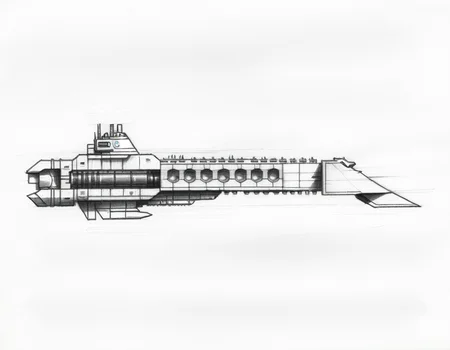 pencil sketch,side view,profile view,simple background,an impstarship cruiser, <lora:Imperial_Navy_-_Warhammer_40000_SDXL:0.75>,blocky,rectangular,metal honeycomb,monochrome,tall,solo