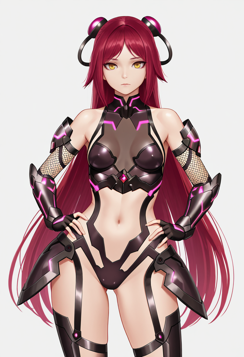 masterpiece, best quality,
1girl, cowboy shot, 
standing, hands on own hips, 
looking at viewer, 
<lora:Su_Jinglei_SK:0.7> Su_Jinglei_SK, red hair, long hair, yellow eyes, parted bangs, small breasts, neon trim, headgear, headgear, fingerless gloves, elbow gloves, thighhighs, gloves, navel, bare shoulders,
simple background, white background,